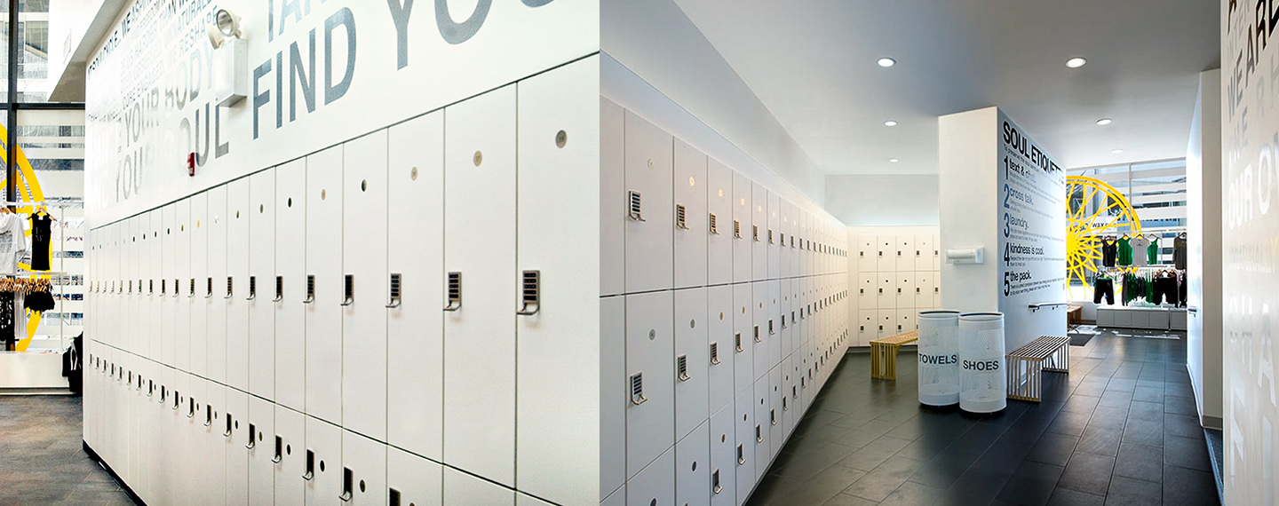 Soul Cycle Locker Room Installed with Cue Electronic Locks.